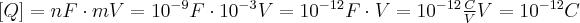 \Large{[Q]=nF\cdot mV=10^{-9} F\cdot 10^{-3} V=10^{-12} F\cdot V=10^{-12} \frac{C}{V} V=10^{-12} C}
