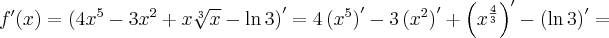 f^\prime(x)=\left(4x^5-3x^2+x\sqrt[3]x-\ln 3\right)^\prime=4\left(x^5\right)^\prime-3\left(x^2\right)^\prime+\left(x^{\frac43}\right)^\prime-\left(\ln 3\right)^\prime=