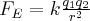 {F_E} = k\frac{{{q_1}{q_2}}}{{{r^2}}} {F_E} = k\frac{{{q_1}{q_2}}}{{{r^2}}}