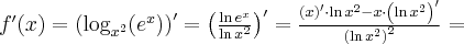 f^\prime(x)=\left(\log_{x^2}(e^x)\right)^\prime=\left(\frac{\ln e^x}{\ln x^2}\right)^\prime=\frac{\left(x\right)^\prime\cdot\ln x^2-x\cdot\left(\ln x^2\right)^\prime}{\left(\ln x^2\right)^2}=